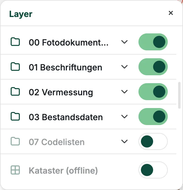 Layerliste mit Ordnern und Schaltern