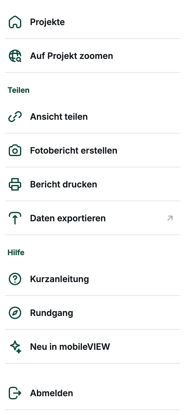 Menü oben links mit Projekt, Teilen, Fotobericht, Bericht drucken und Hilfe