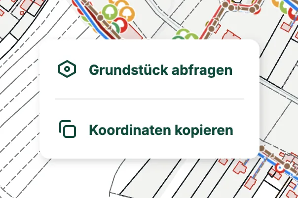 Rechtsklick-Menü mit „Grundstück abfragen“ und „Koordinaten kopieren“