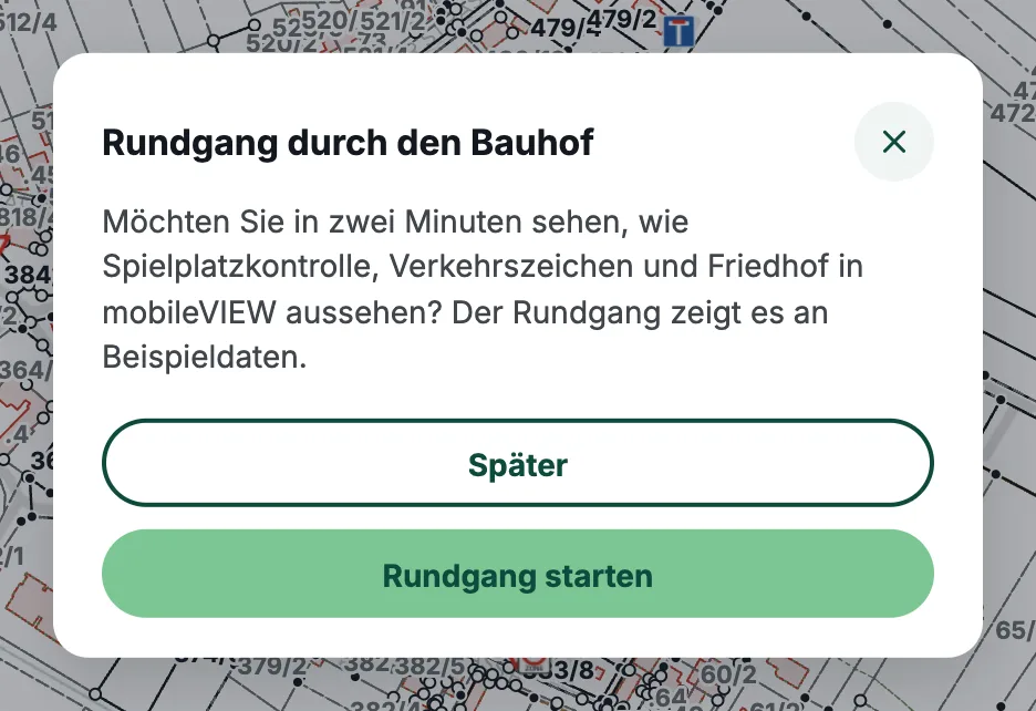 Einladung zum Rundgang mit den Knöpfen „Später“ und „Rundgang starten“